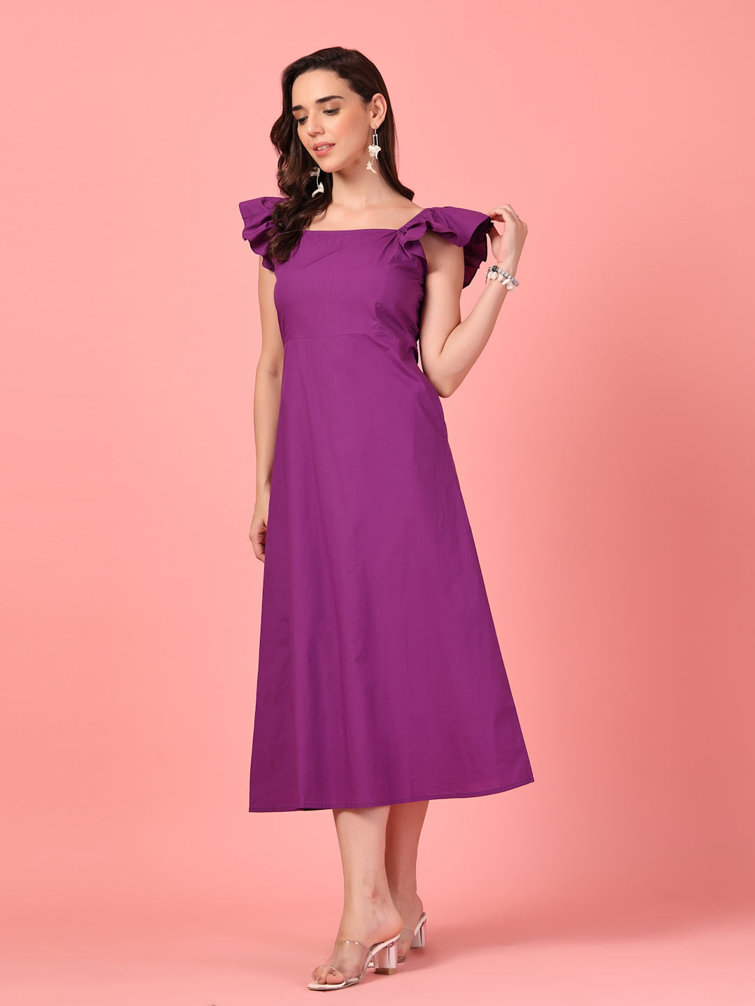 purple ruffle sleeve dress Lavender Short Ruffle Sleeve High Neck Smocked Midi Dress