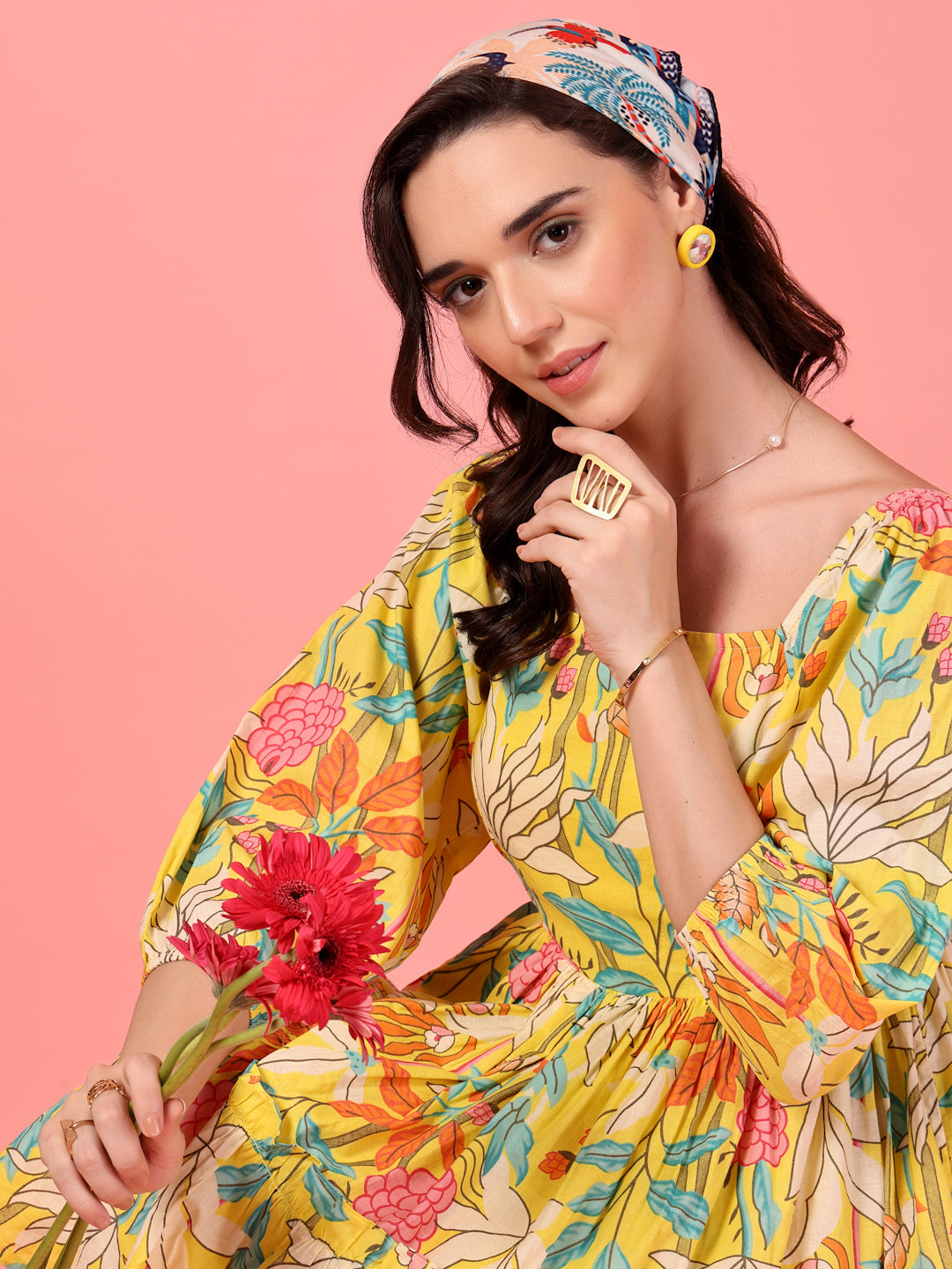 Floral Yellow Puff Sleeve Mini Dress – Women’s Outfit