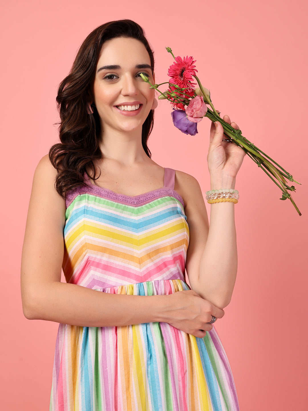 wonderland rainbow striped maxi dress Taylor Tiered Midi Dress in Rainbow Stripes | Color - Rainbow Stripe / XS