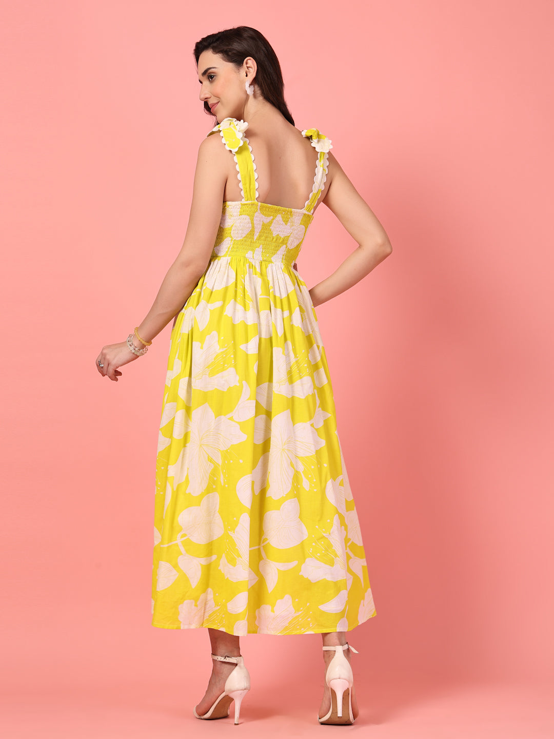 Yellow Smocked Floral Maxi Dress