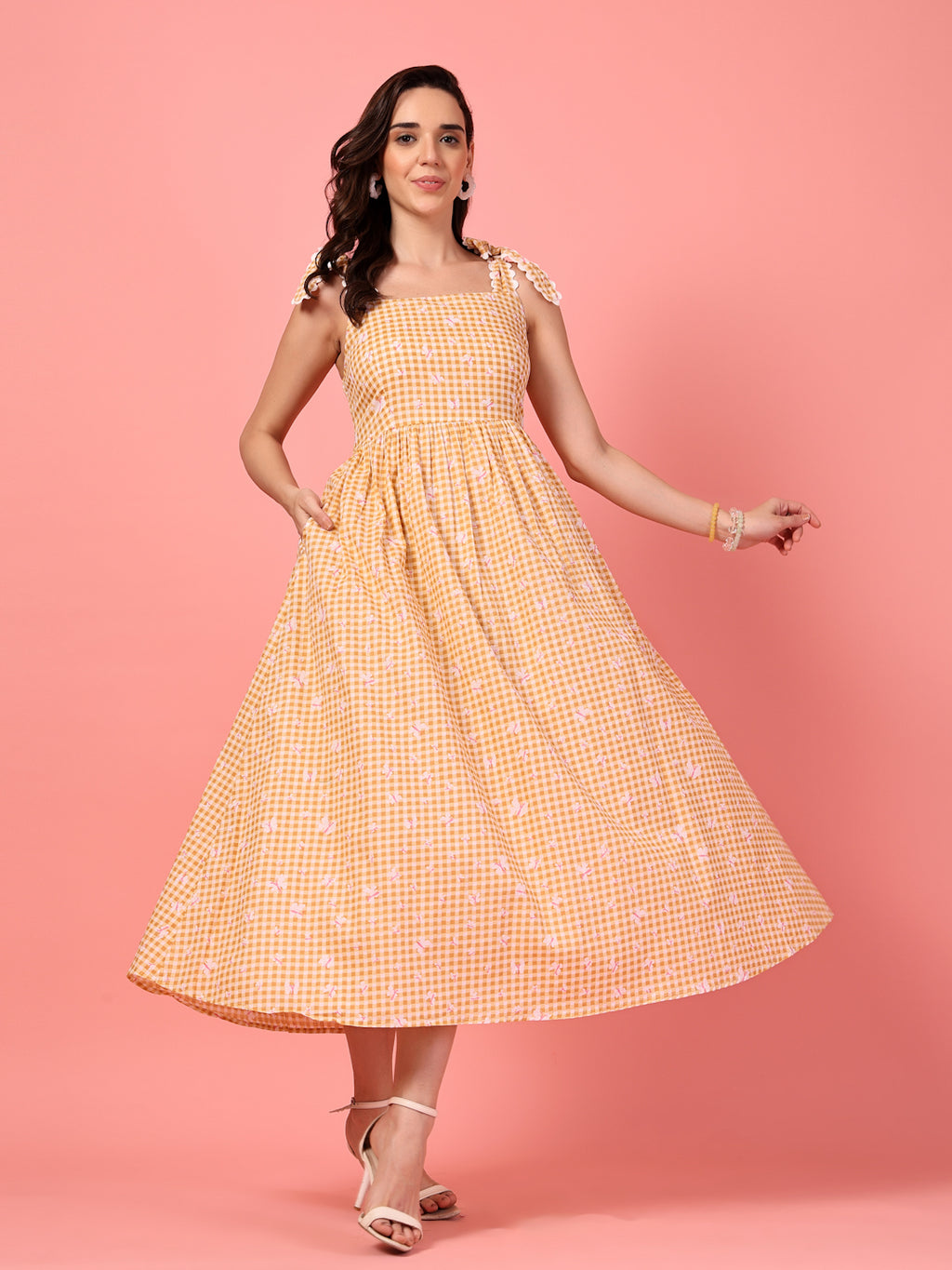 Gingham Print Butterfly Maxi Dress