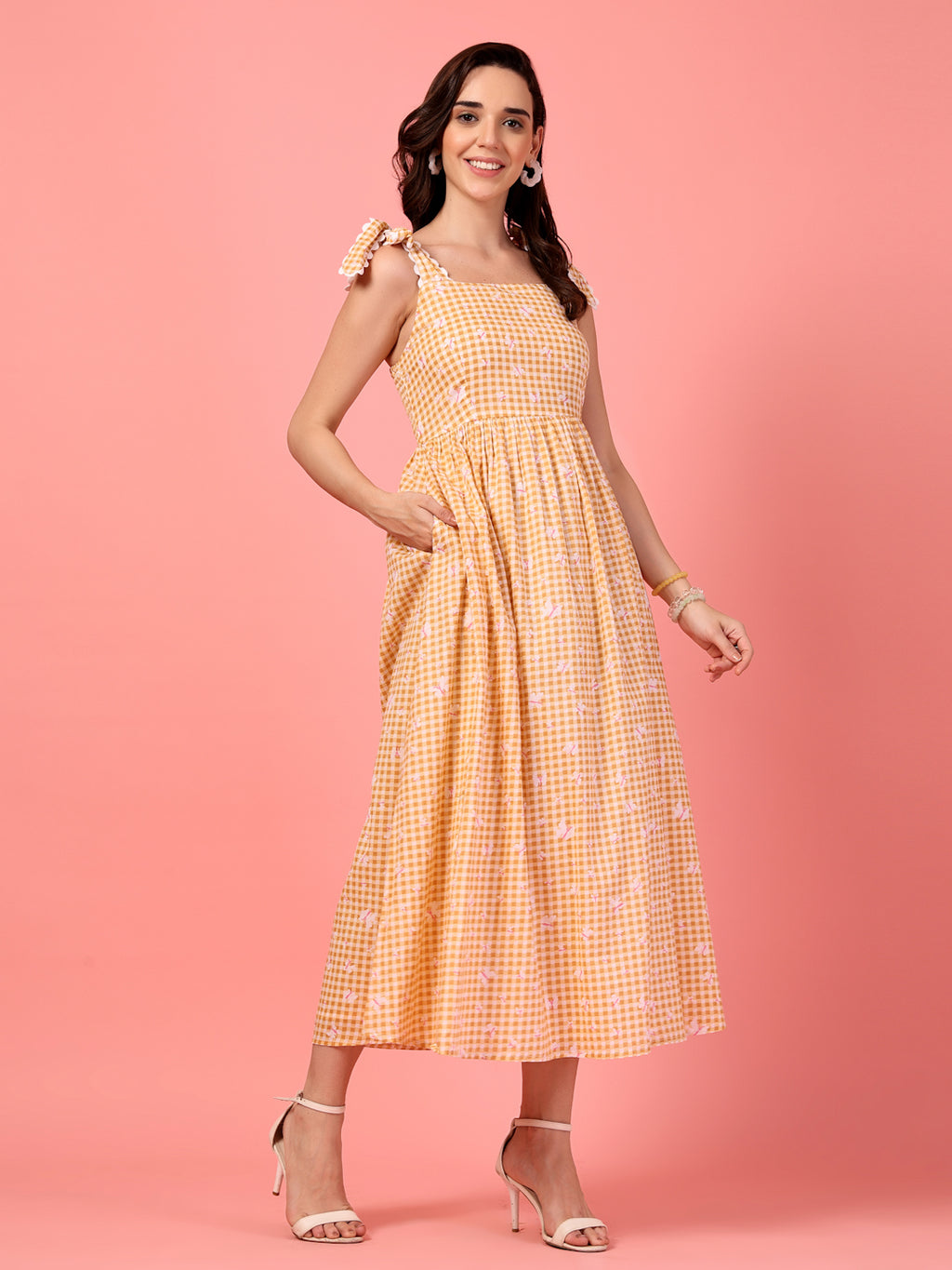 Gingham Print Butterfly Maxi Dress