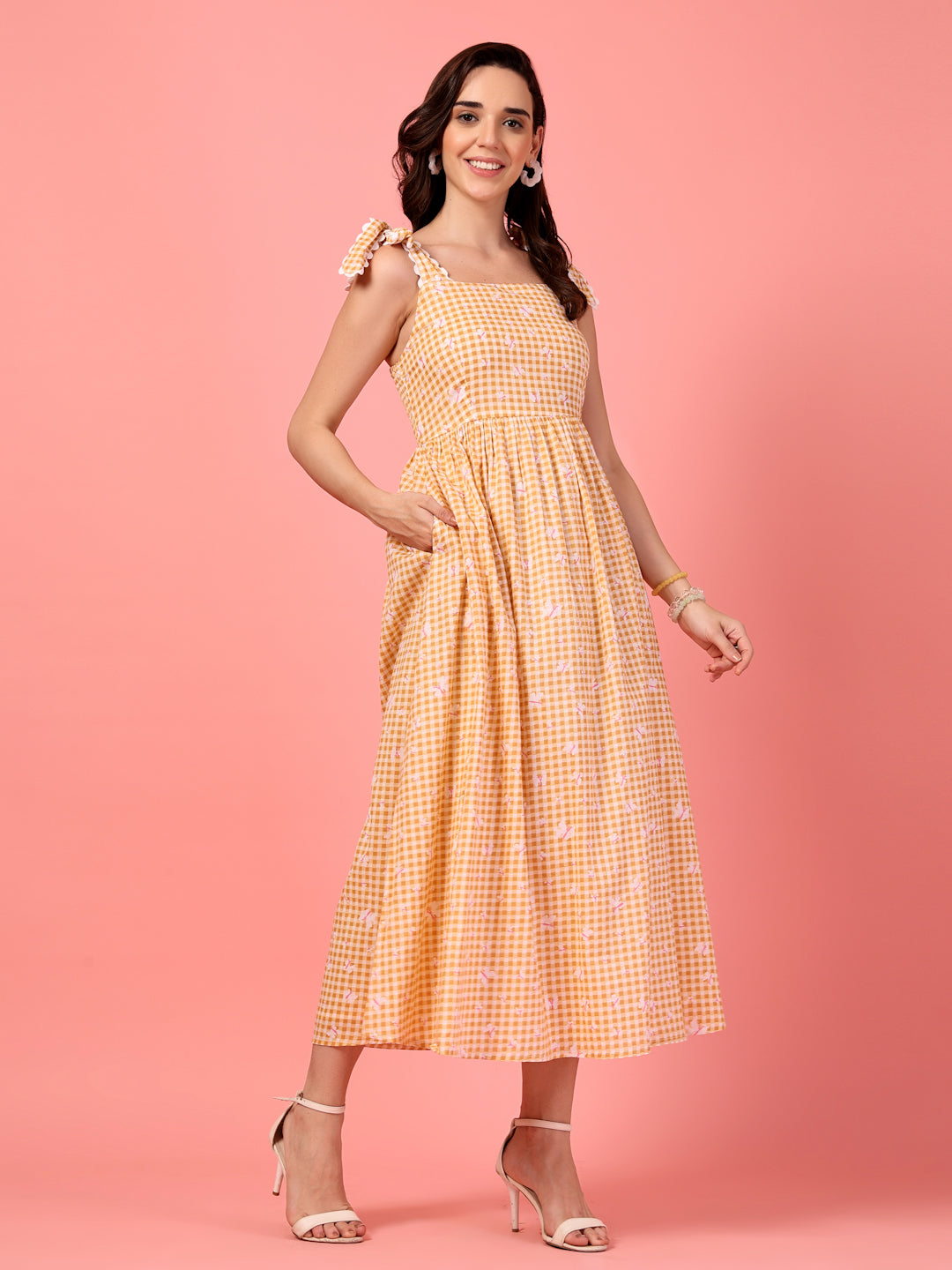 Gingham Print Butterfly Maxi Dress