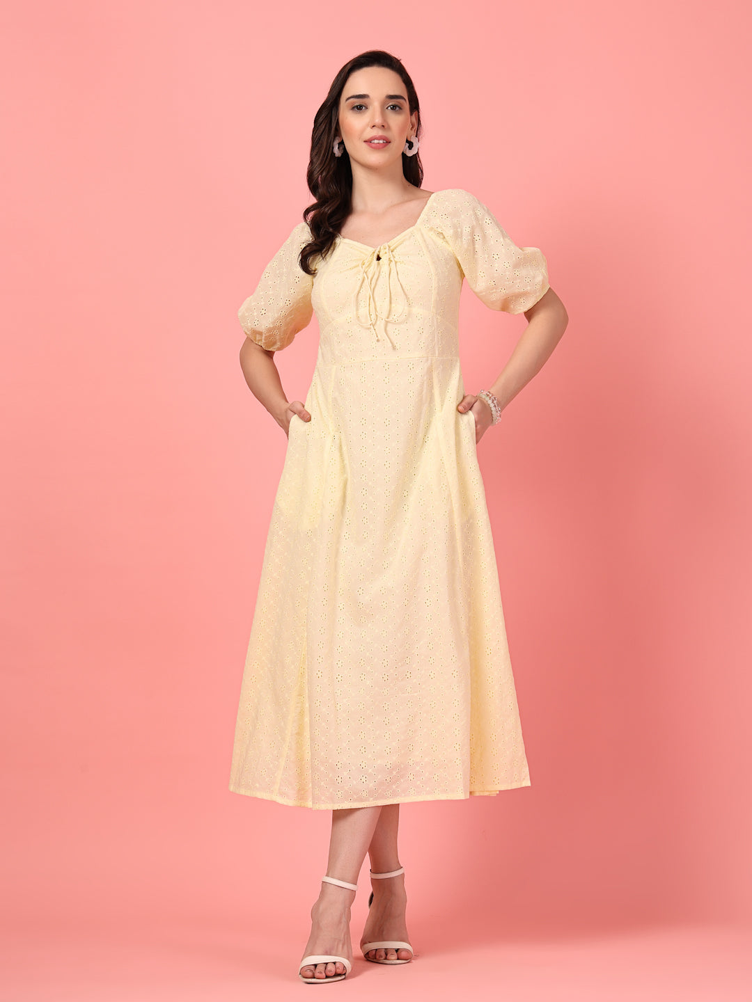 Yellow Schiffli Puff Sleeve Dress
