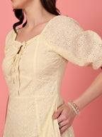 Yellow Schiffli Puff Sleeve Dress