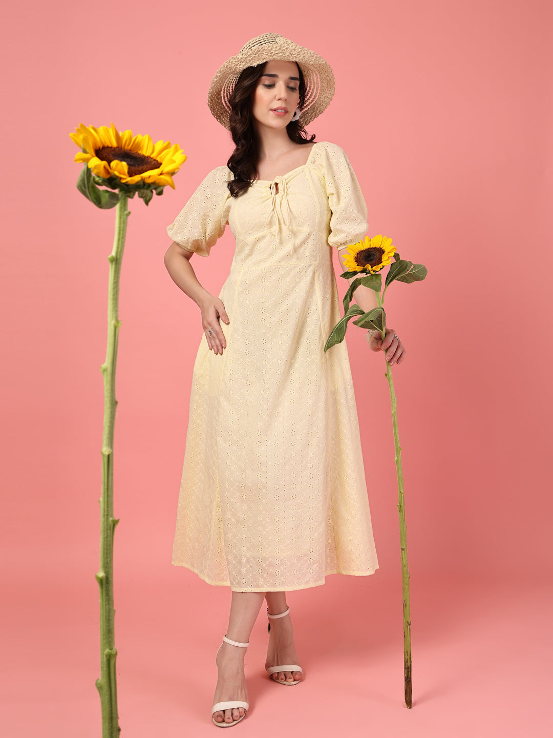Yellow Schiffli Puff Sleeve Dress
