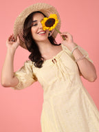 Yellow Schiffli Puff Sleeve Dress