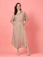 Belted Brown Printed Shirt Dress