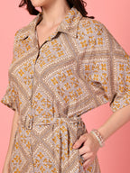 Belted Brown Printed Shirt Dress