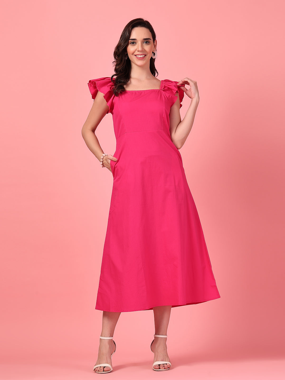 Ruffle Sleeve Hot Pink Dress