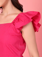 Ruffle Sleeve Hot Pink Dress