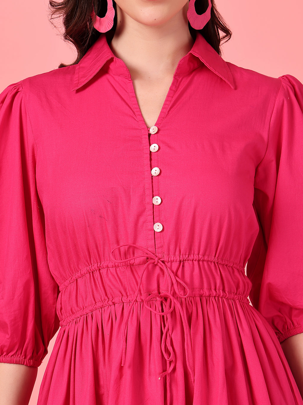 Collared Hot Pink Waist Dress