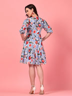Printed Buttoned Puff Sleeve Dress