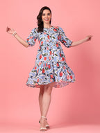 Printed Buttoned Puff Sleeve Dress