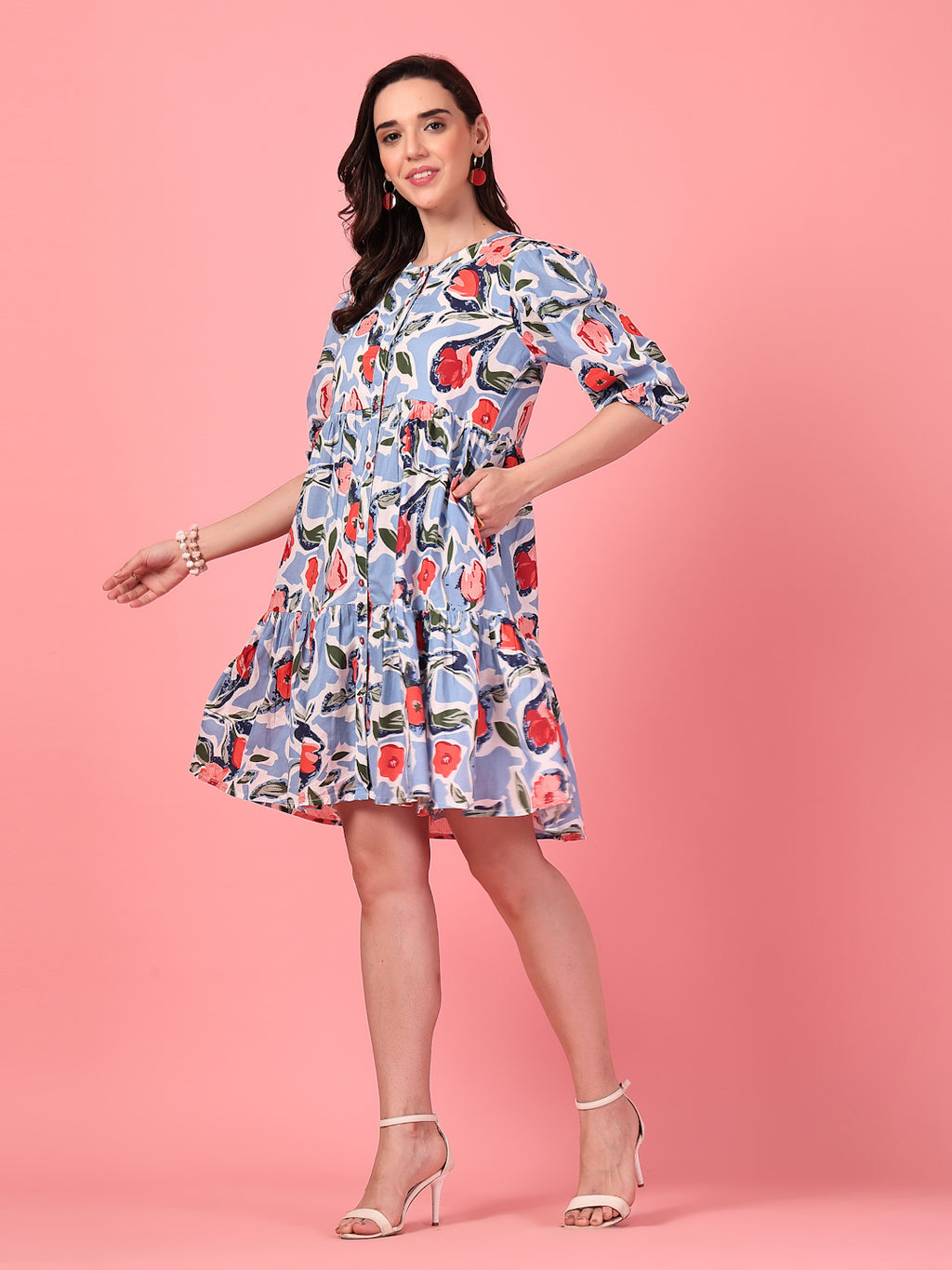 Printed Buttoned Puff Sleeve Dress