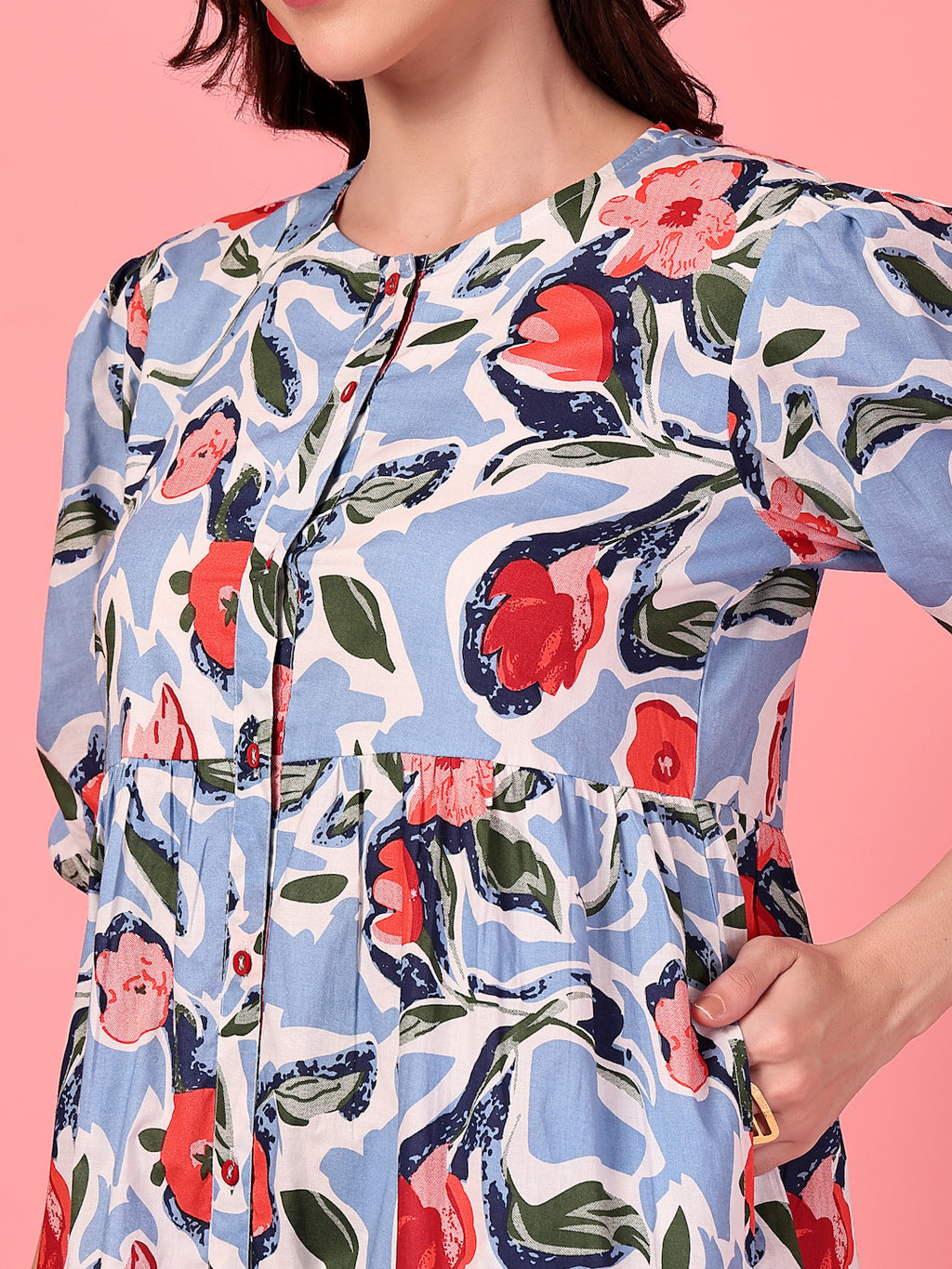 Printed Buttoned Puff Sleeve Dress