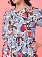 Printed Buttoned Puff Sleeve Dress