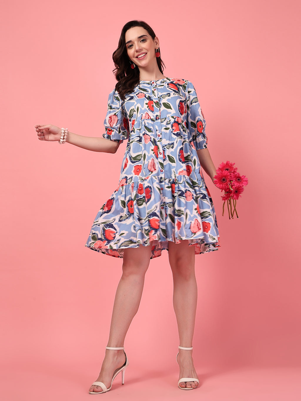 Printed Buttoned Puff Sleeve Dress