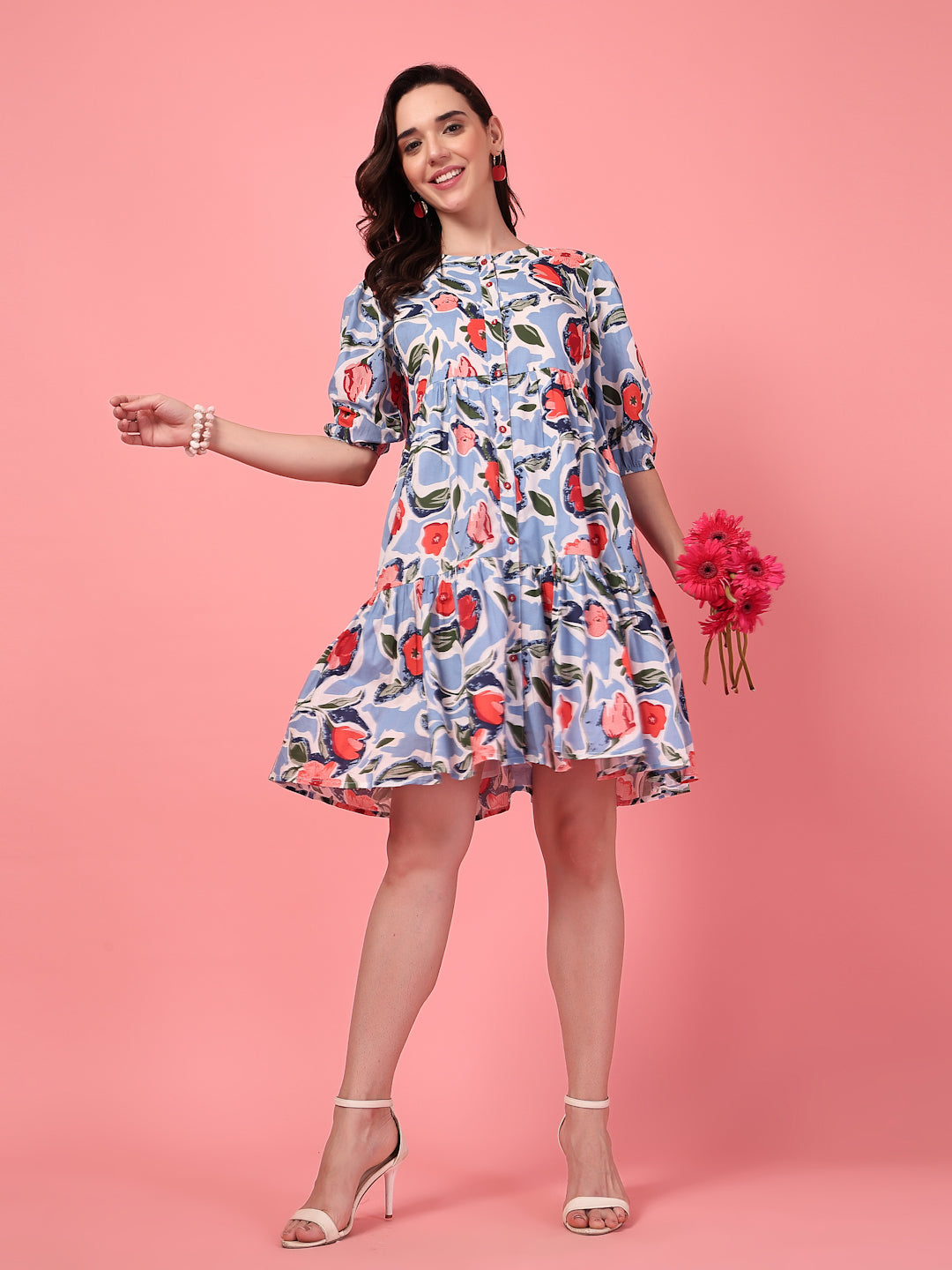 Printed Buttoned Puff Sleeve Dress