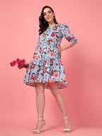 Printed Buttoned Puff Sleeve Dress