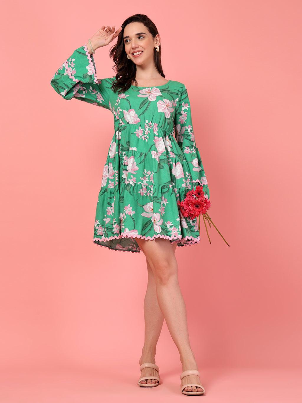 Emerald Green Floral Tier Dress