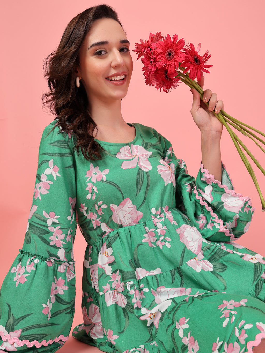 Emerald Green Floral Tier Dress