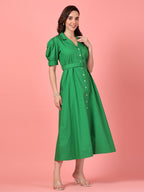 Green Belted Shirt Midi Dress