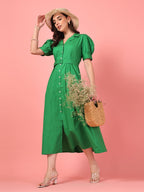 Green Belted Shirt Midi Dress