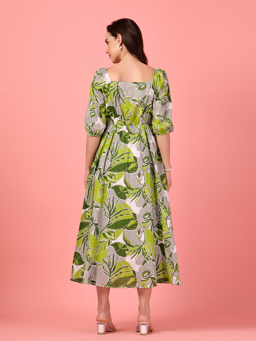 Puff Sleeve Green Cotton Dress