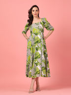 Puff Sleeve Green Cotton Dress