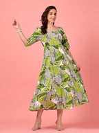 Puff Sleeve Green Cotton Dress
