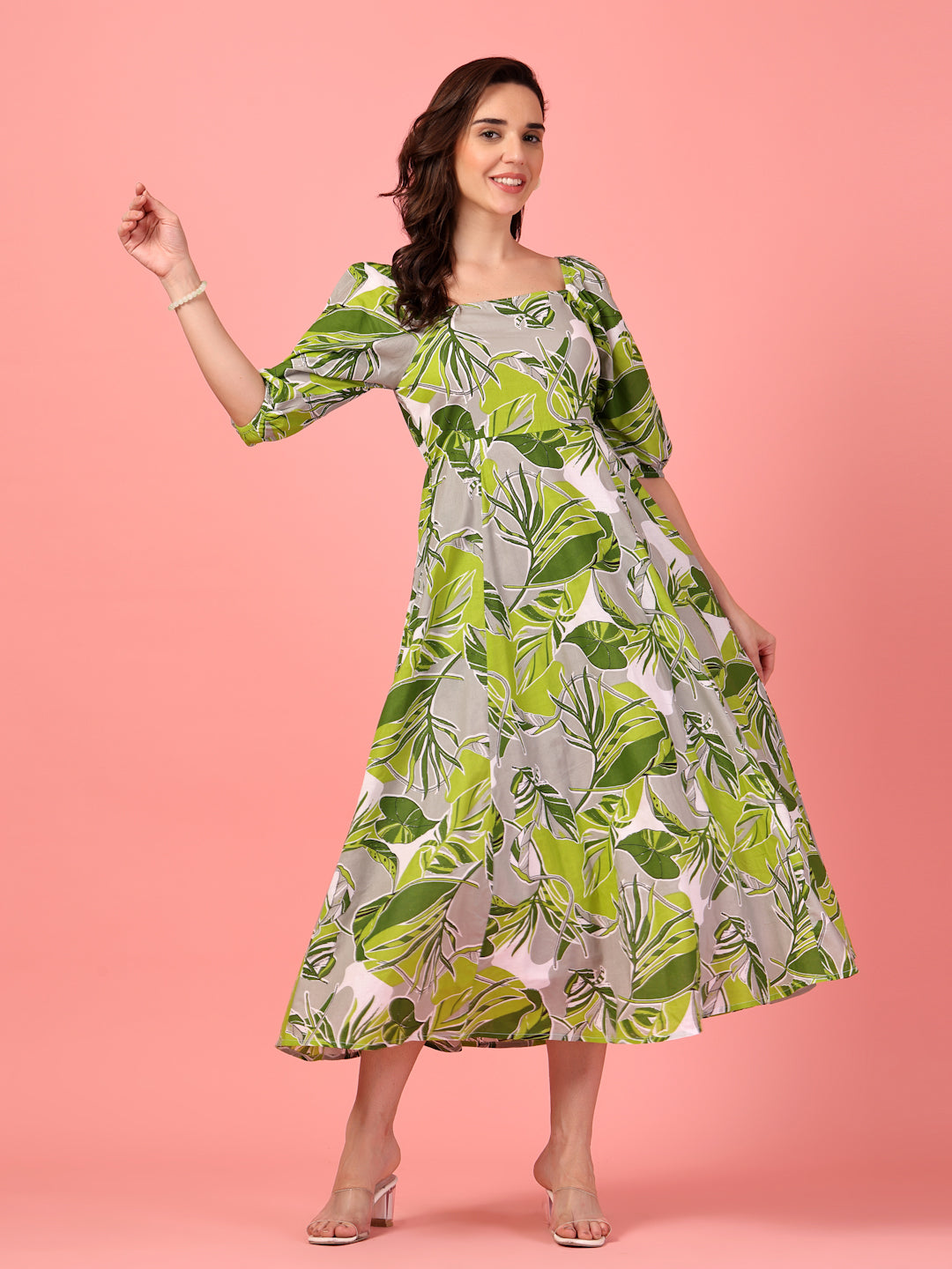 Puff Sleeve Green Cotton Dress