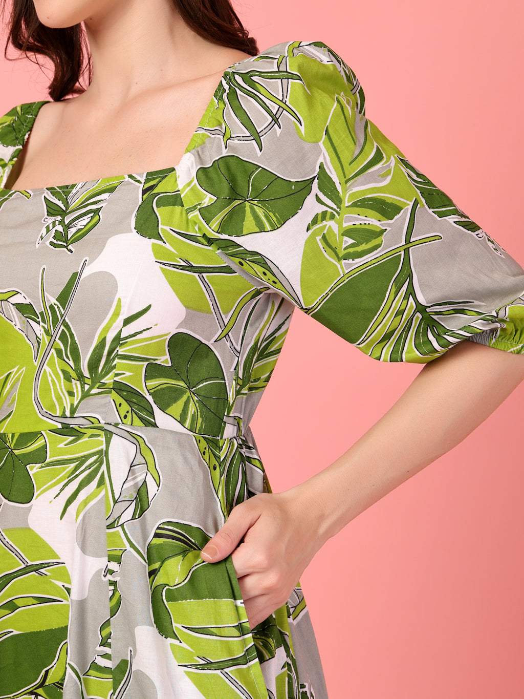 Puff Sleeve Green Cotton Dress