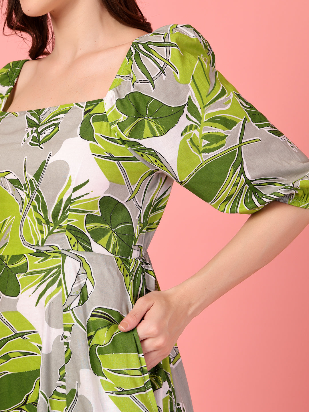 Puff Sleeve Green Cotton Dress