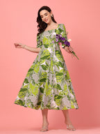 Puff Sleeve Green Cotton Dress
