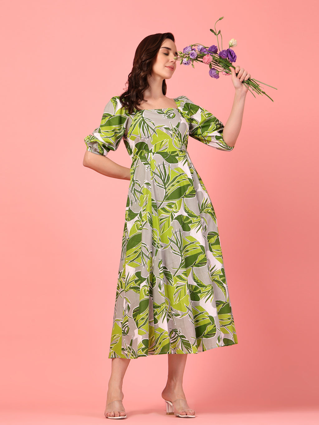 Puff Sleeve Green Cotton Dress