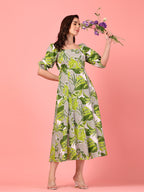 Puff Sleeve Green Cotton Dress