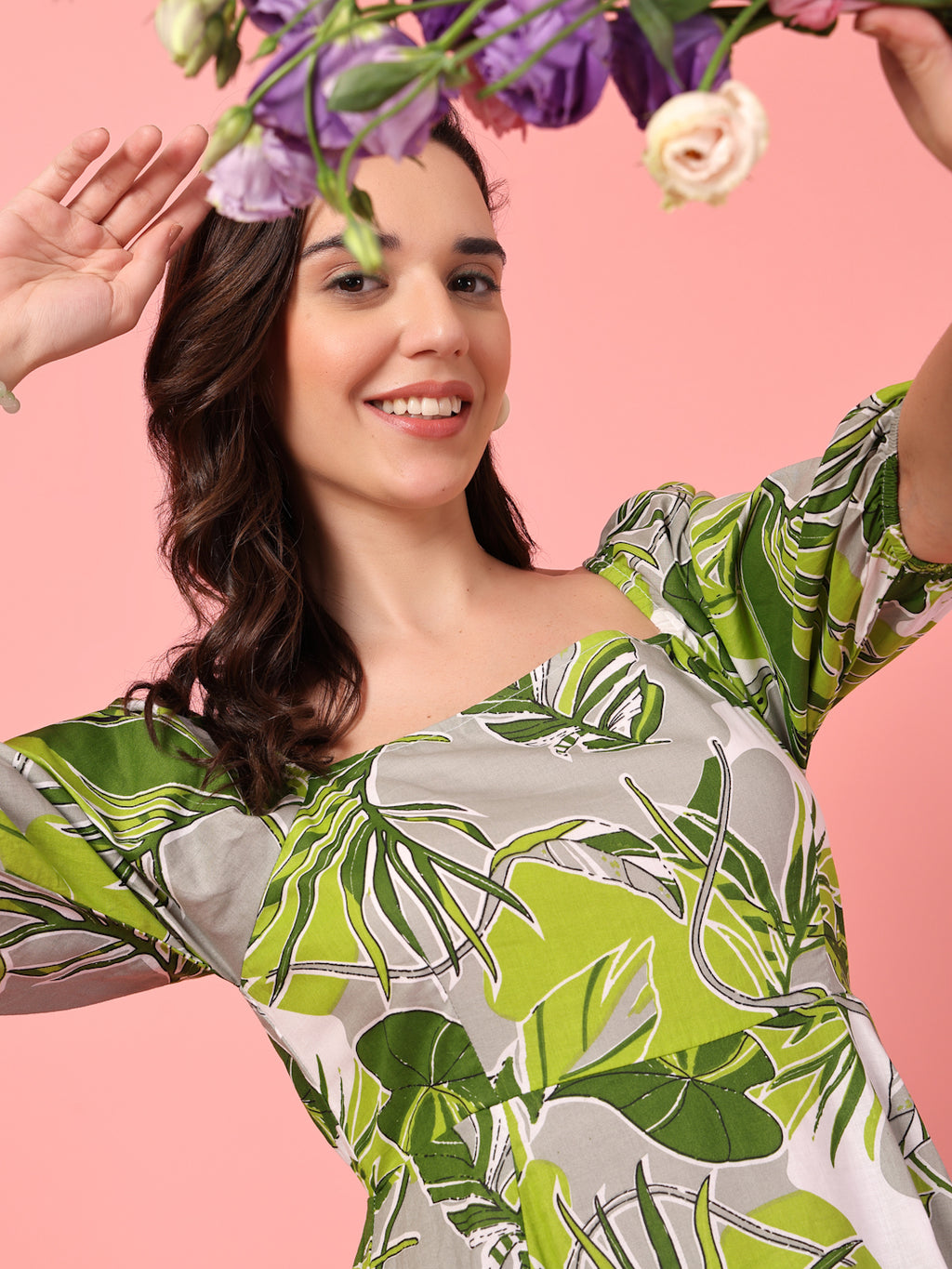 Puff Sleeve Green Cotton Dress