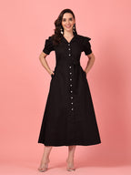 Black Cotton Belted Shirt Dress