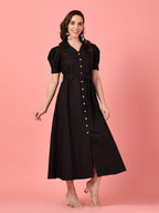 Black Cotton Belted Shirt Dress