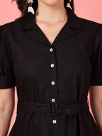 Black Cotton Belted Shirt Dress