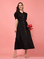 Black Cotton Belted Shirt Dress