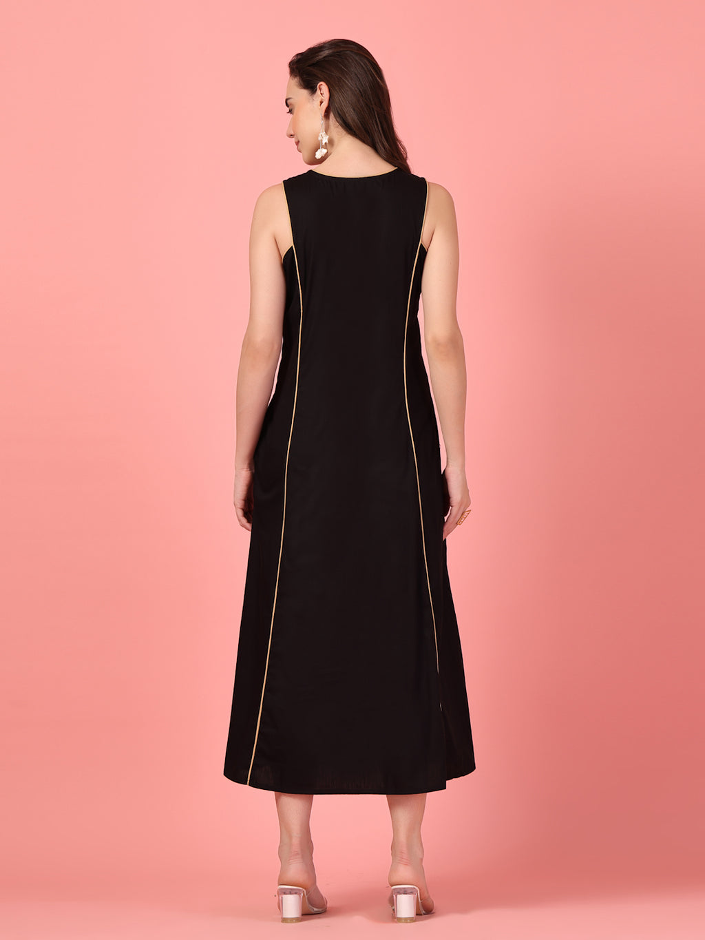 Golden Floral Embroidered Black Dress