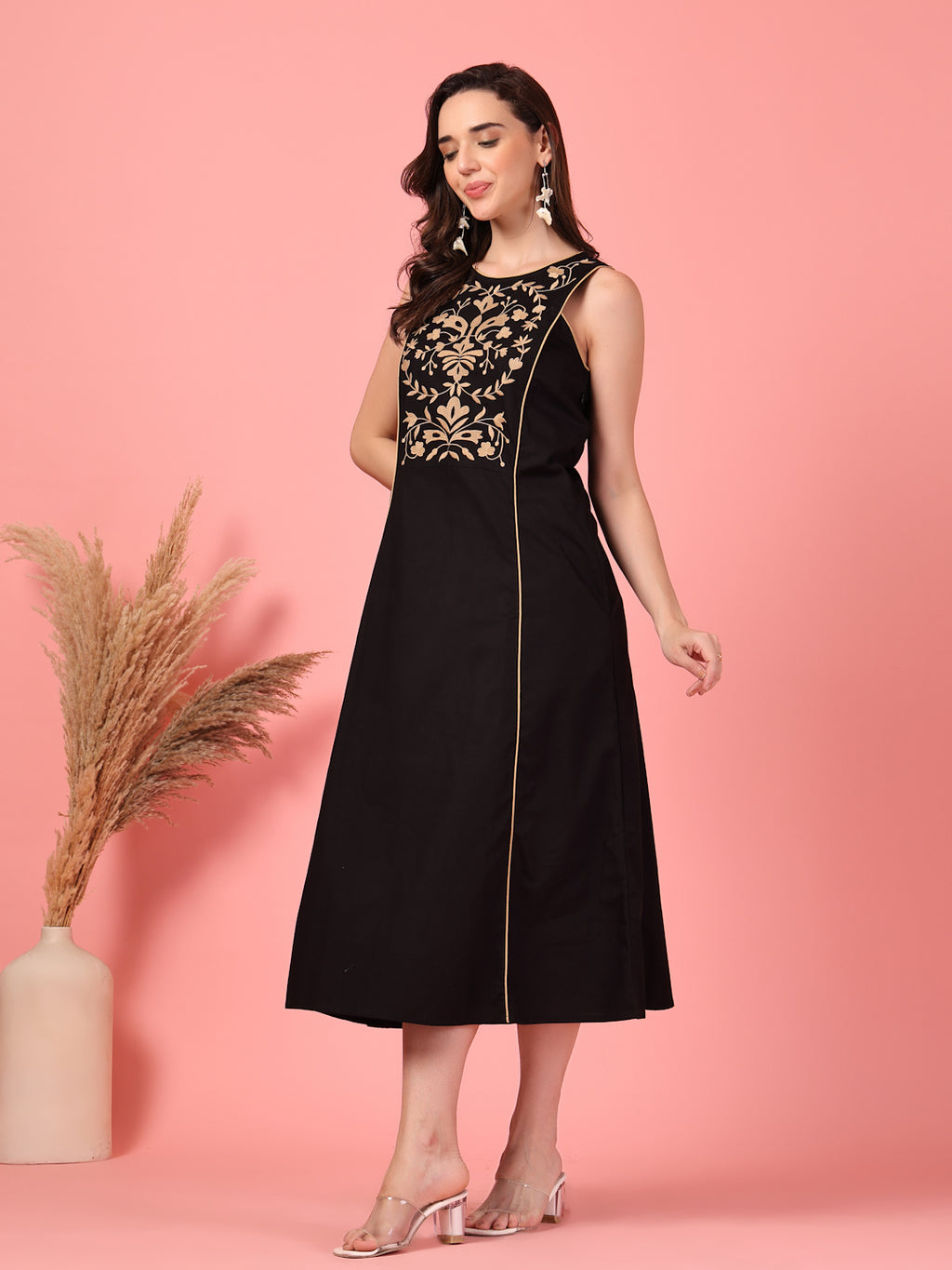 Golden Floral Embroidered Black Dress
