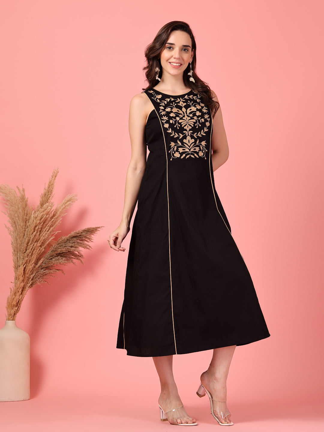 Golden Floral Embroidered Black Dress