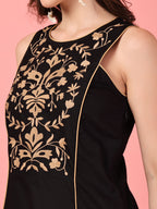Golden Floral Embroidered Black Dress