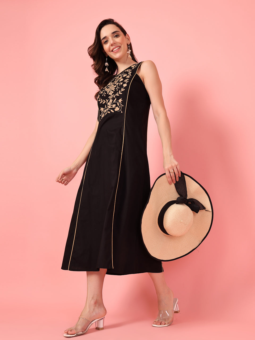 Golden Floral Embroidered Black Dress