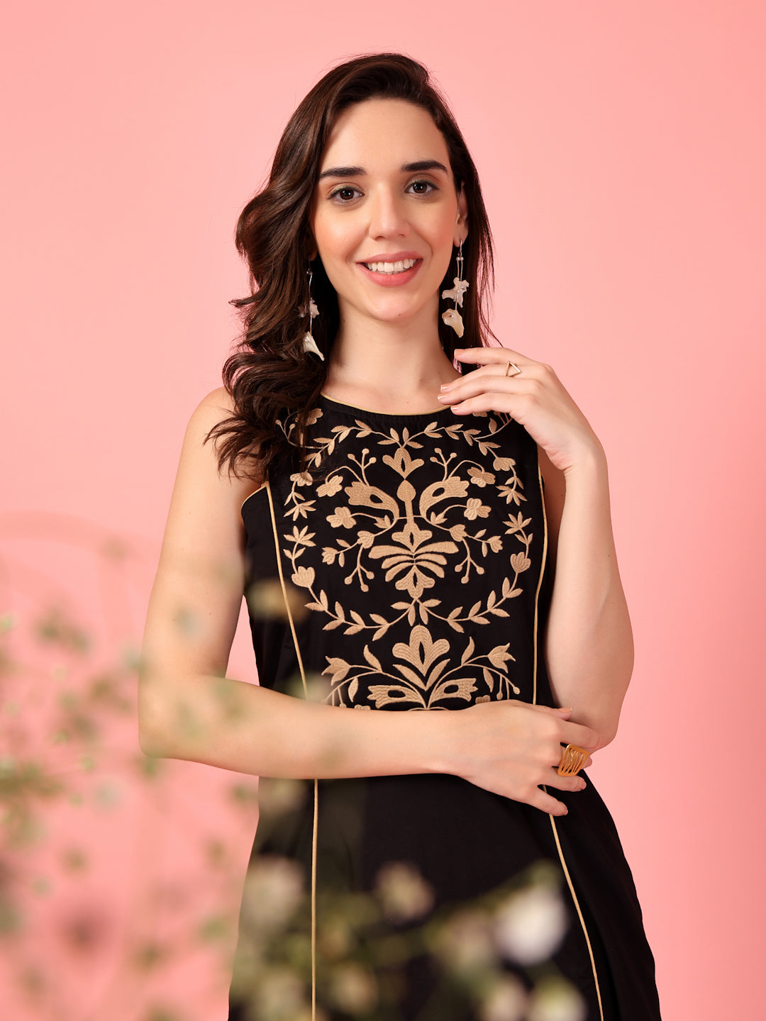 Golden Floral Embroidered Black Dress