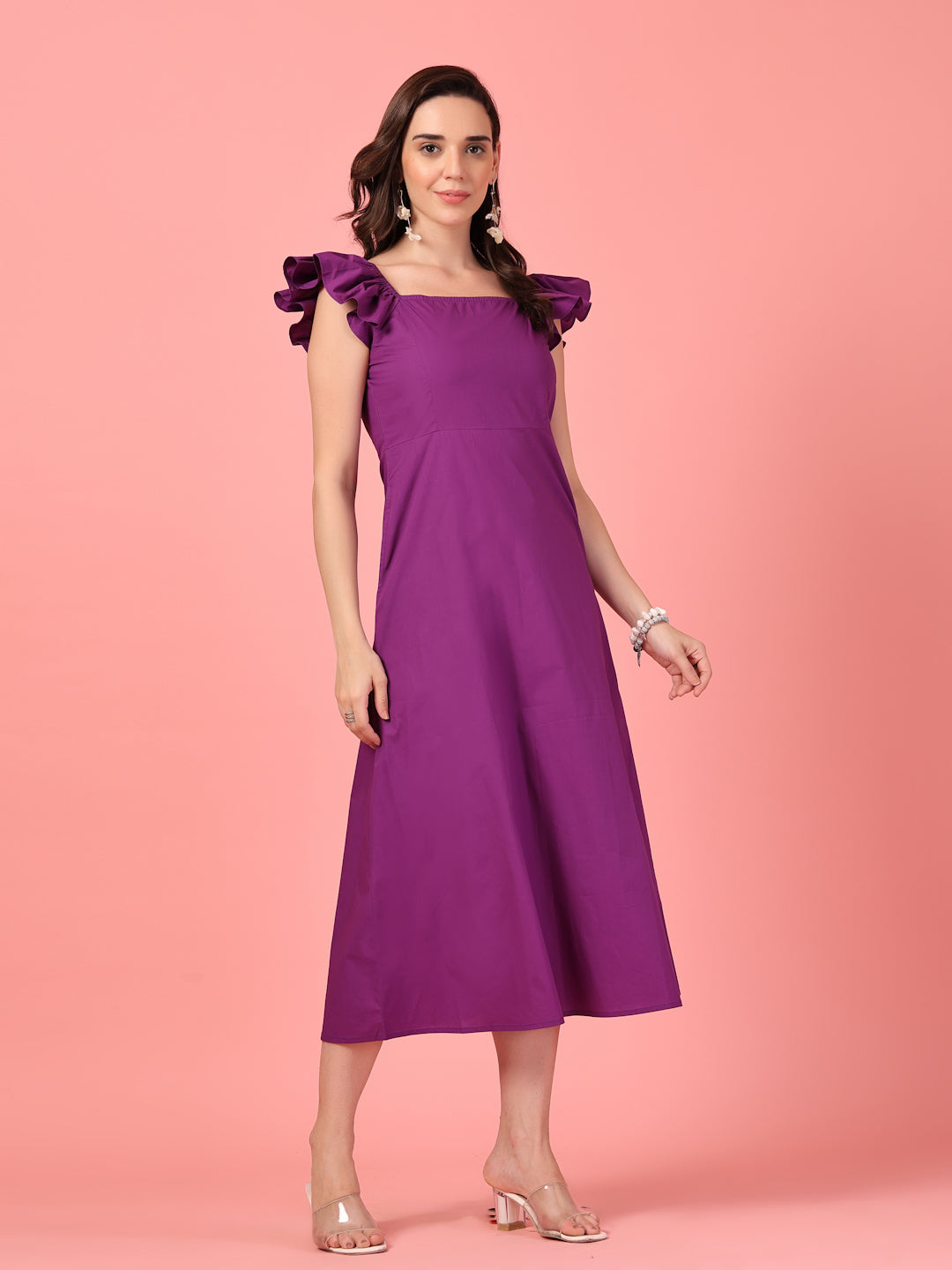 Purple Ruffle Sleeve Midi Dress