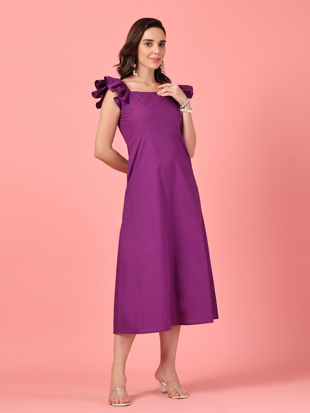 Purple Ruffle Sleeve Midi Dress